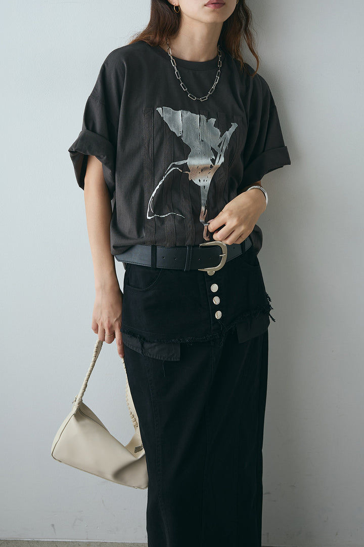 [SET]ニュアンス箔プリントTシャツ+レイヤードデザインワイドスカート(2set)
