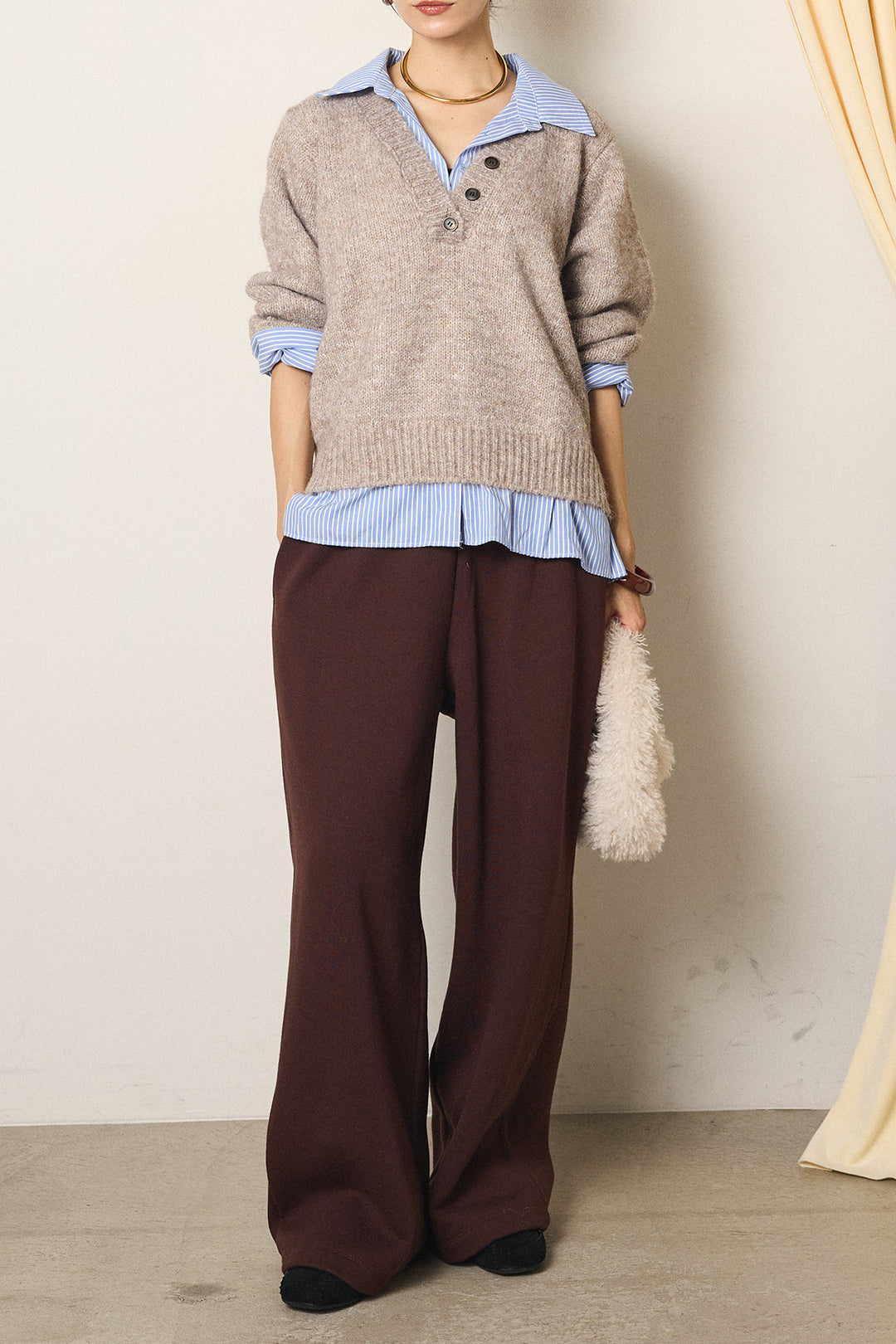 [SET]ストライプシャツドッキングニットポロトップス+裏起毛スウェットワイドパンツ(2set)