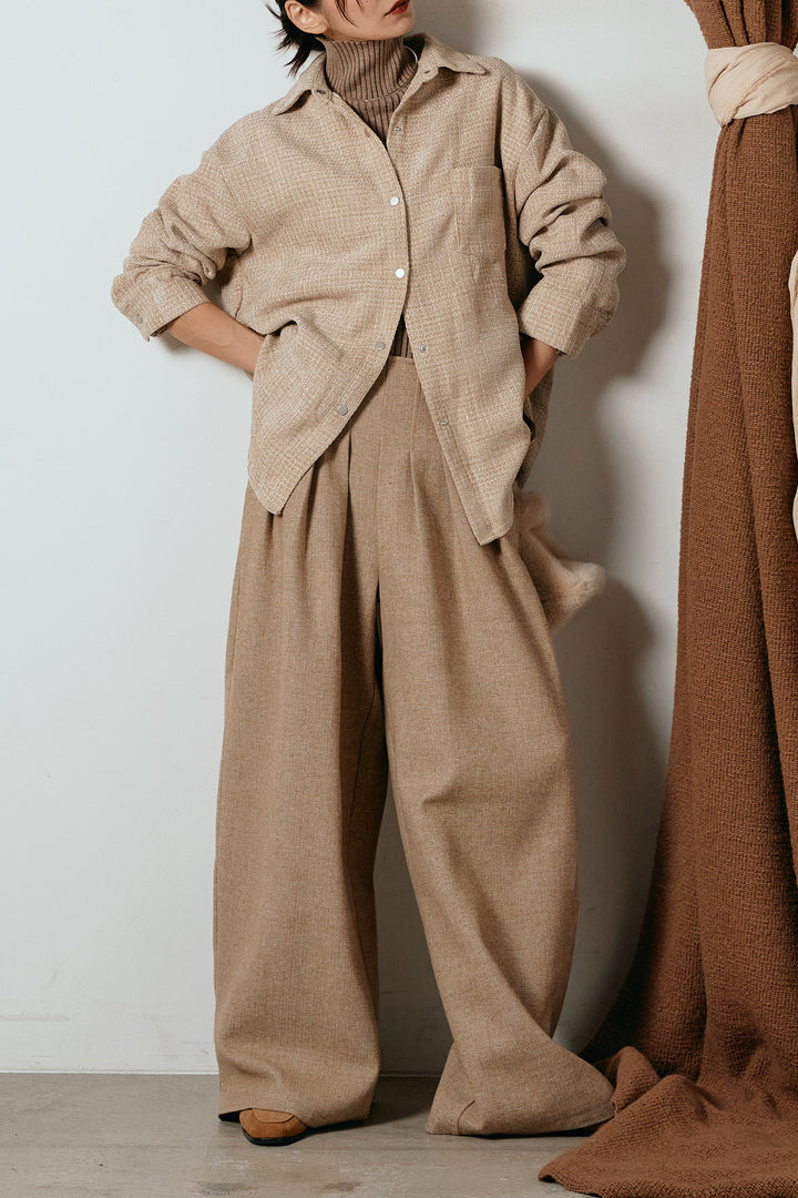 [SET]ルーズクラッシュツイルシャツ+リブニットシームレスタートルプルオーバー+サイドボタンツイードタックパンツ(3set)