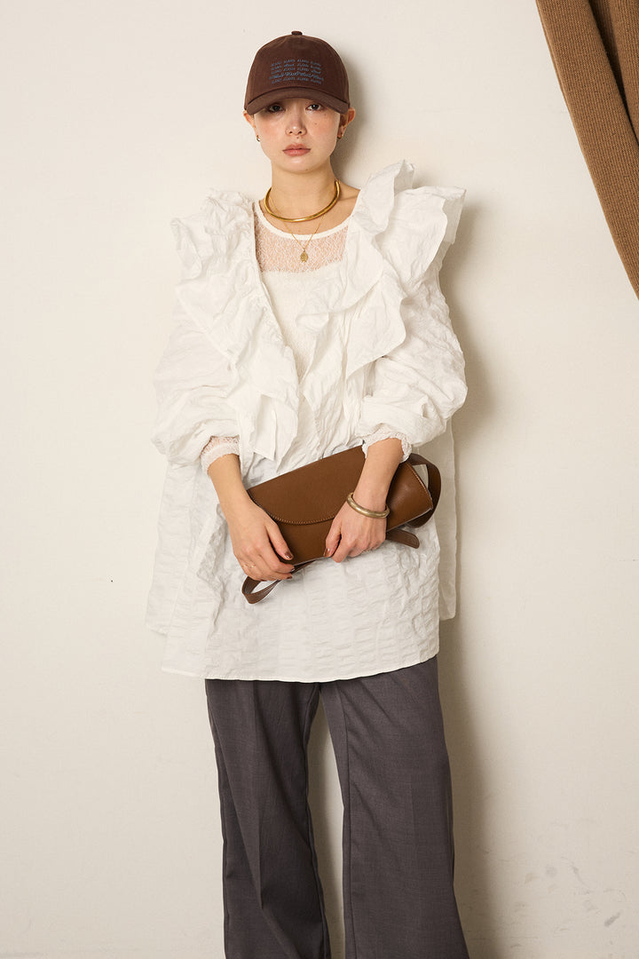 [SET]Vネックフリルカラーブラウス+ツイルスプリングカラータックパンツ(2set)