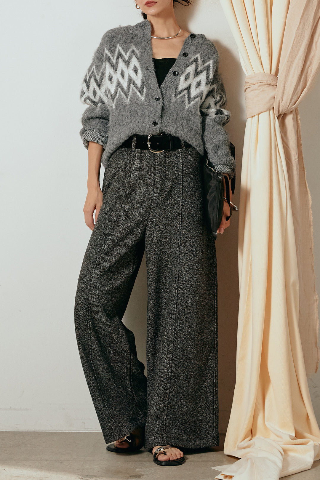 [SET]起毛ノルディック柄ニットカーディガン+太ベルト付きツイードワイドパンツ(2set)