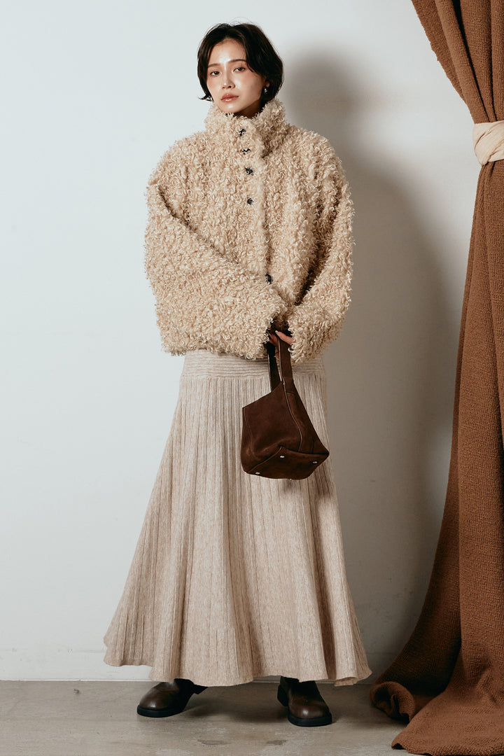 [SET]プードルファーミドルジャケット+編み地切り替えフレアニットスカート(2set)