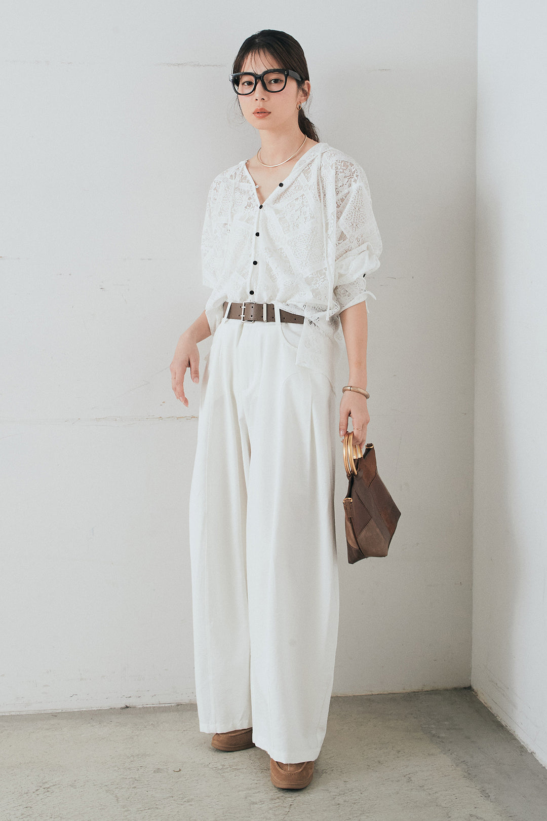 [SET]ブロックレースフード付きブラウス+ベルト付きサイドタックワイドパンツ(2set)
