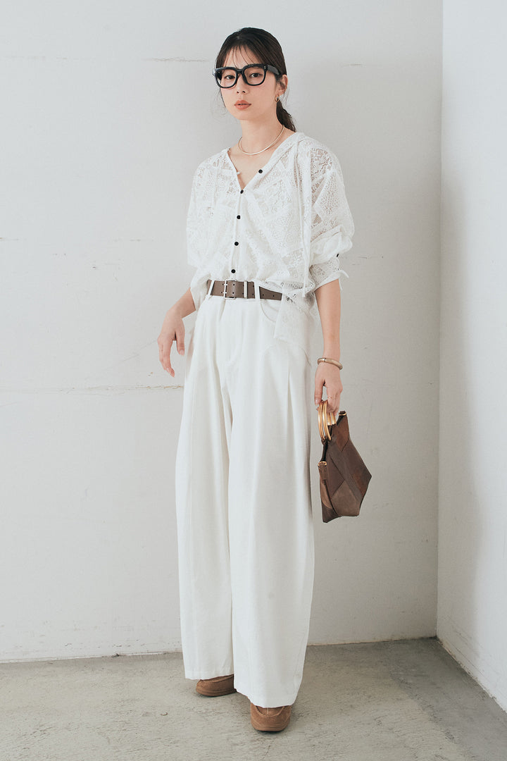 [SET]ブロックレースフード付きブラウス+ベルト付きサイドタックワイドパンツ(2set)