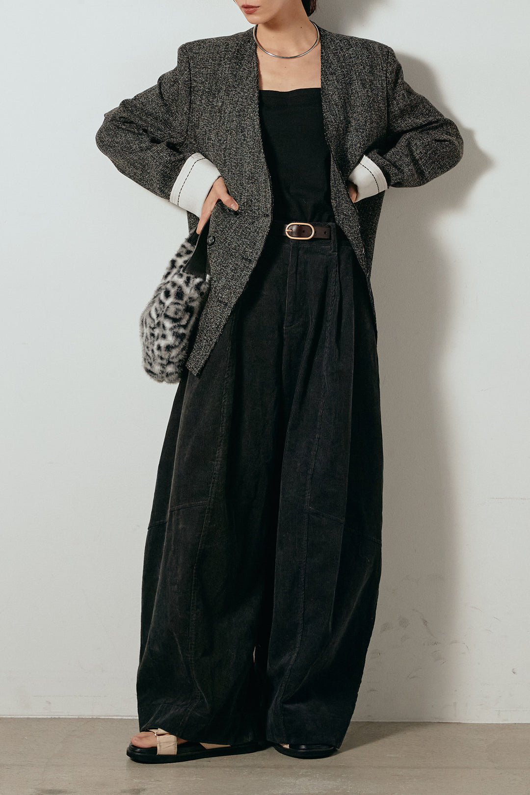 [SET]ノーカラーダブルボタンツイードジャケット+タック入りコーデュロイワイドパンツ(2set)