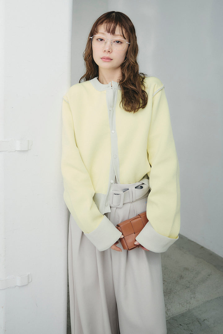 [SET]リバーシブル配色ニットカーディガン+ベルト付きツータックワイドパンツ(2set)