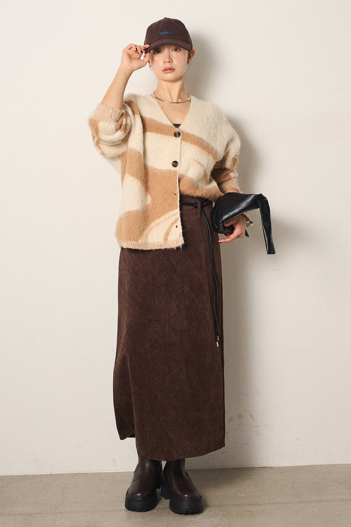 [SET]アクセントブラッシュドカーディガン+ロープベルト付きスウェード調スカート(2set)