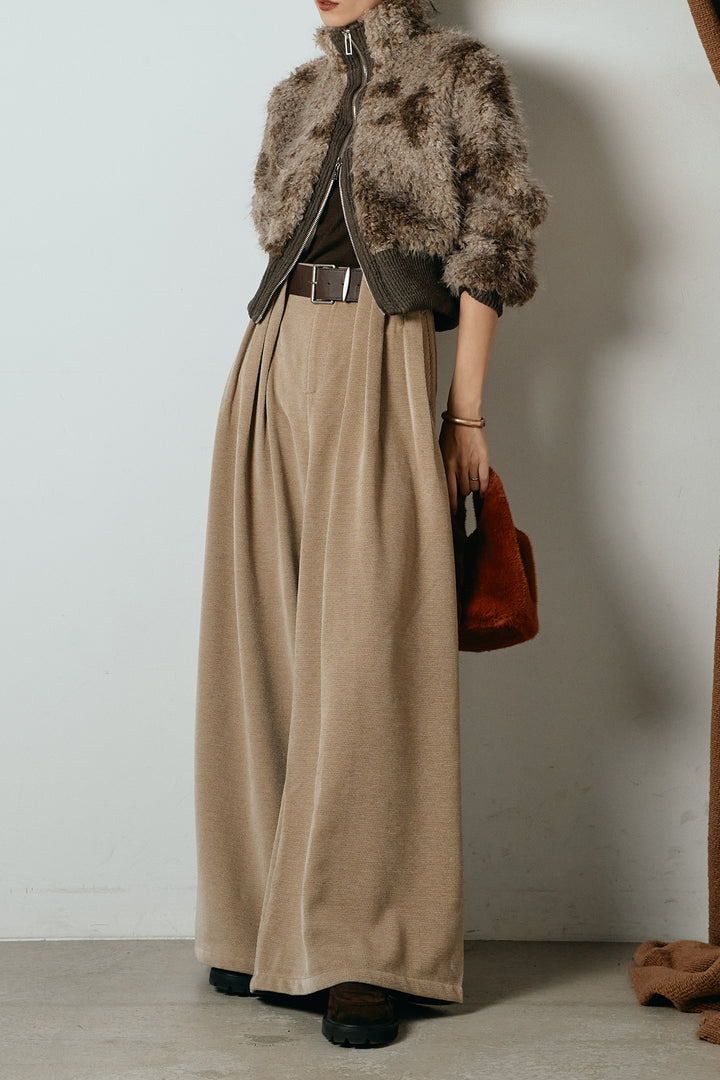 [SET]エコファースタンドカラーニュアンス柄ブルゾン+ベルトループコーデュロイワイドパンツ(2set)