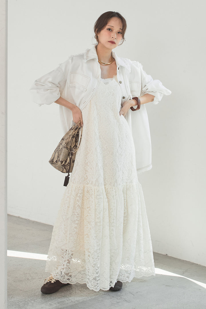 [SET]フリンジデニムジャケット+レース刺繍フレアキャミワンピース(2set)