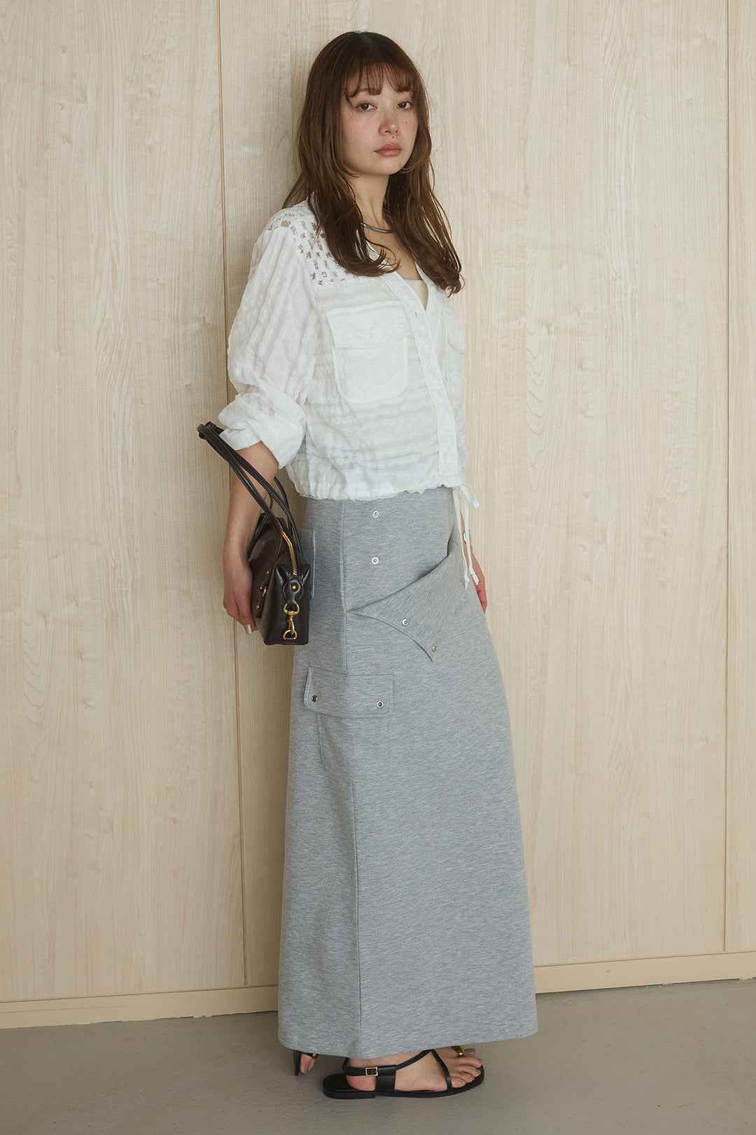 [SET]異素材切替シアーメッシュカーディガン+ドットボタン付きカットタイトスカート(2set)