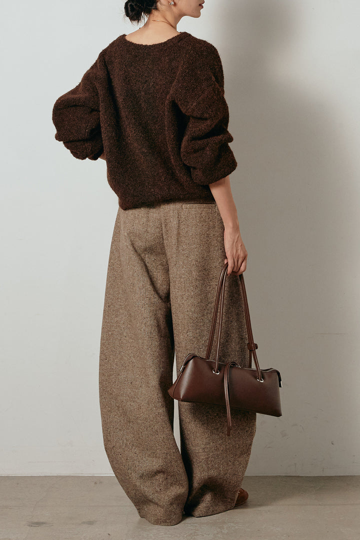 【即納】ベルト付きネップツイードカーブパンツ/コーヒー