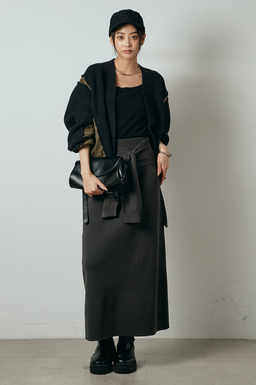 [SET]キルティング切り替えニットカーディガン+ウエストラップ巻きニットスカート(2set)