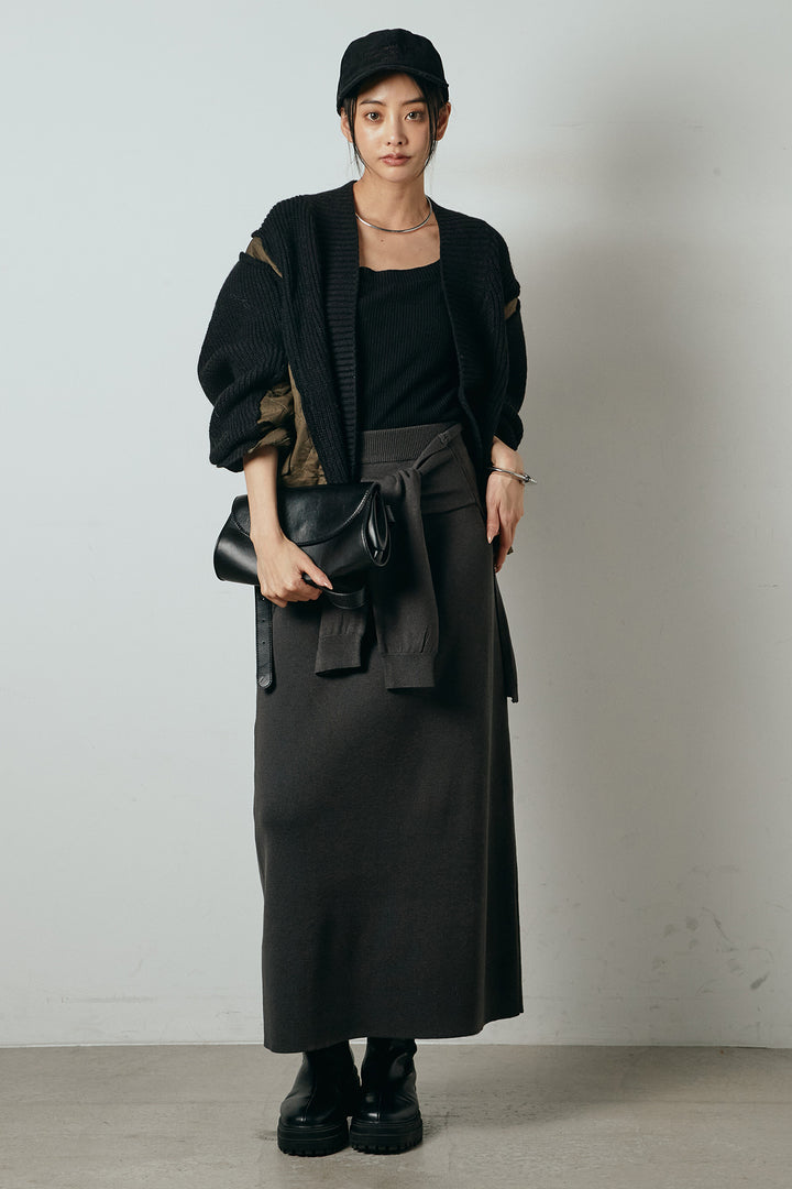 [SET]キルティング切り替えニットカーディガン+ウエストラップ巻きニットスカート(2set)