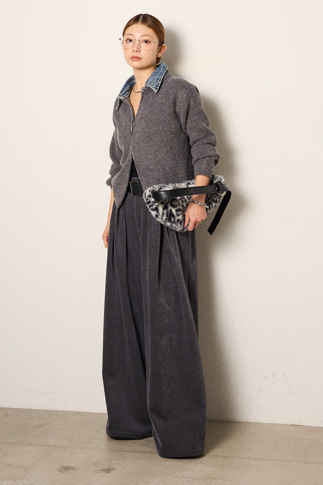 [SET]デニム襟ダブルジップニットトップス+ベルトループコーデュロイワイドパンツ(2set)