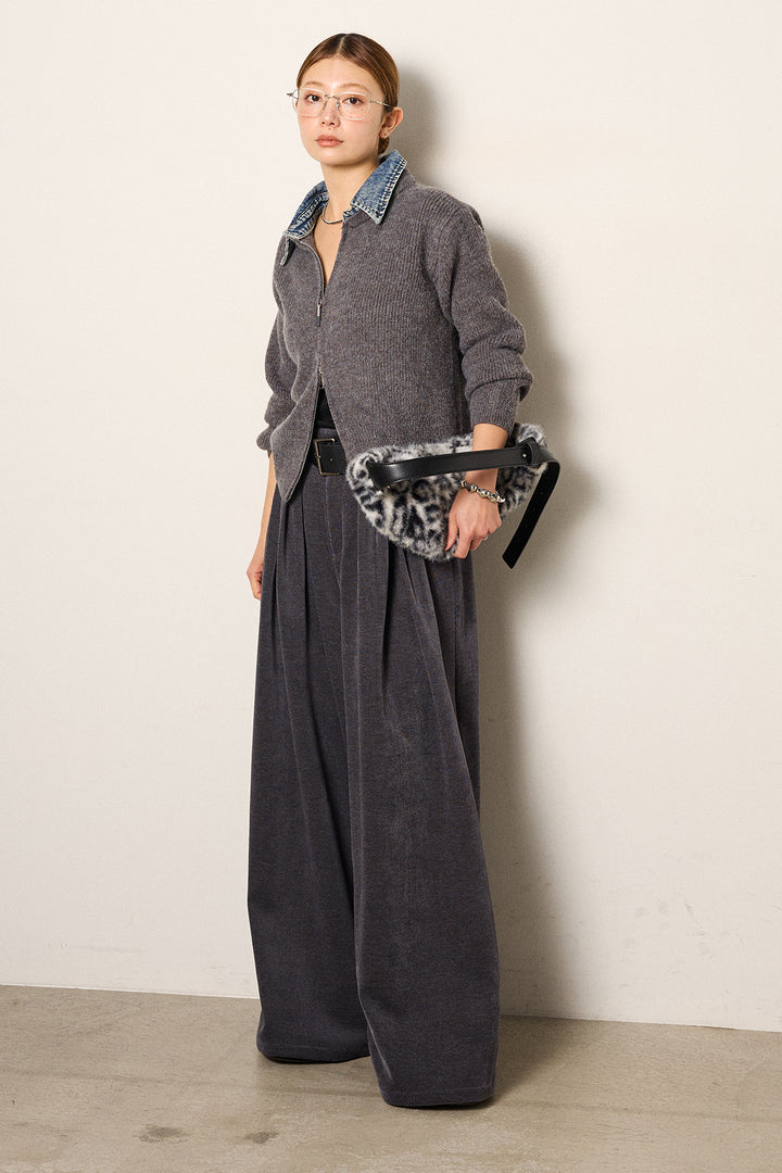 [SET]デニム襟ダブルジップニットトップス+ベルトループコーデュロイワイドパンツ(2set)