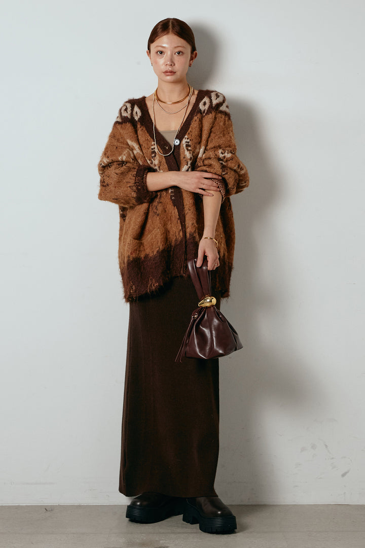 [SET]シャギーニュアンス柄ニットカーディガン+リブナローニットスカート(2set)