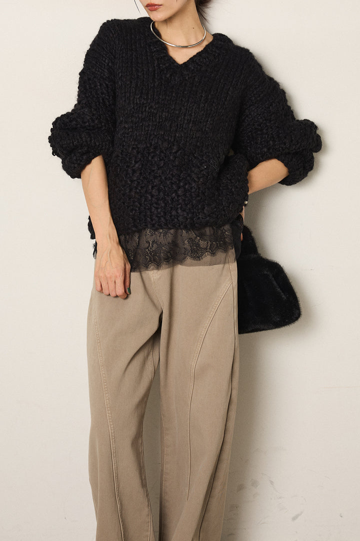 [SET]Vネックハンド編みニットトップス+ベルト付きカジュアルカーブワイドパンツ+レース切り替えキャミソール(3set)