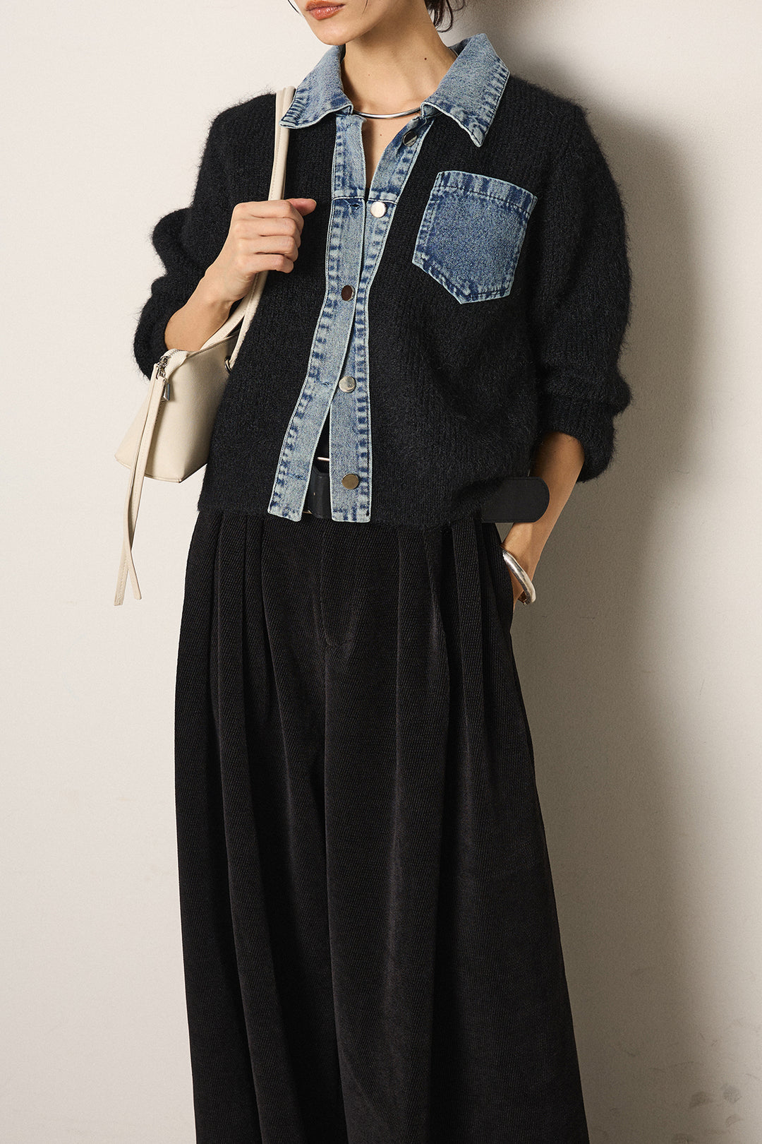 [SET]襟付きデニム切替ニットカーディガン+ベルトループコーデュロイワイドパンツ(2set)