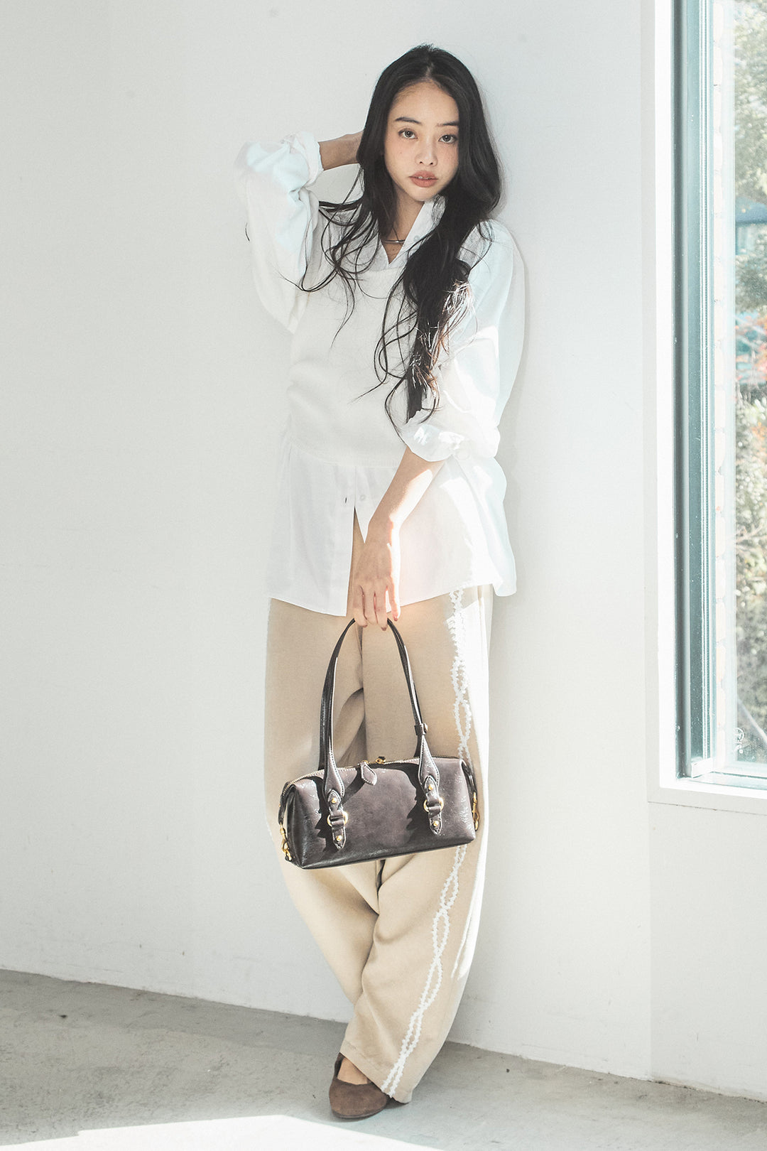 [SET]ニットキャミ付きシャツ+刺繡テープラインパンツ(2set)