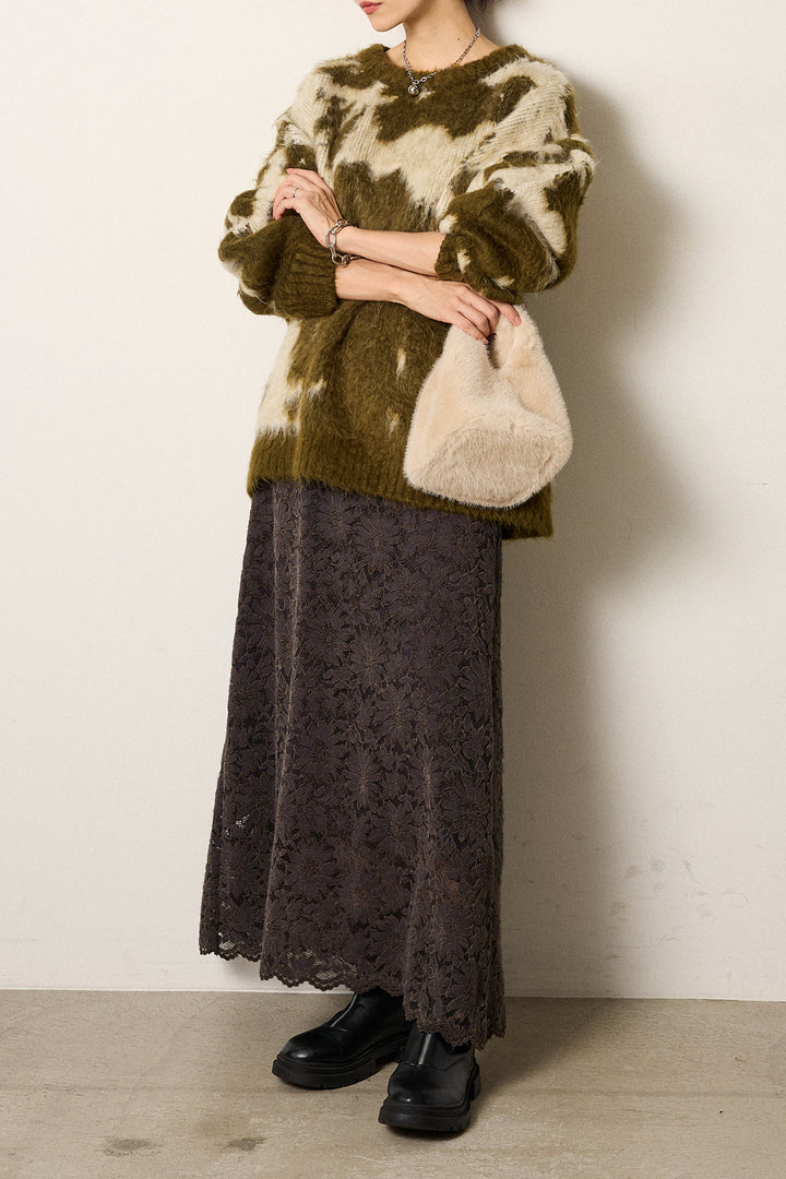 [SET]モヘアタッチマーブルニット+花柄刺繍ベロアフレアスカート(2set)
