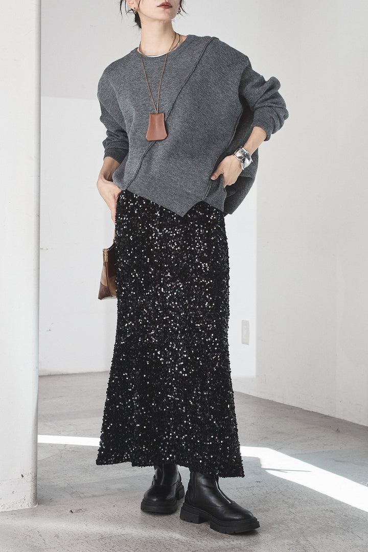 [SET]アシンメトリーデザインニットトップス+スパンコールニットワイドスカート(2set)