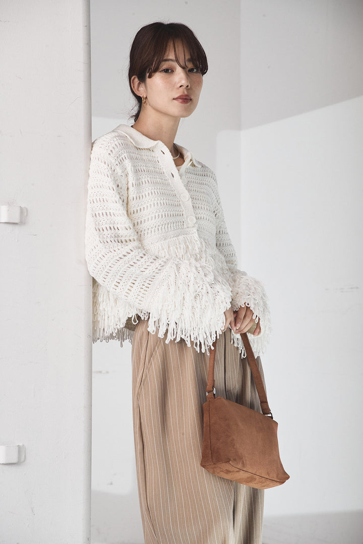 [SET]メッシュフリンジカーディガン+ヘリンボーンストライプツータックパンツ(2set)