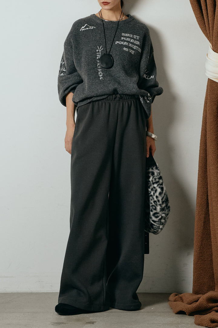 [SET]刺繍ロゴランダムデザインニットトップス+裏起毛スウェットワイドパンツ(2set)