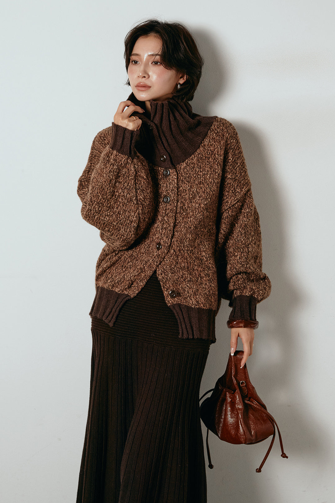 [SET]ハイネックミックスニットカーディガン+編み地切り替えフレアニットスカート(2set)