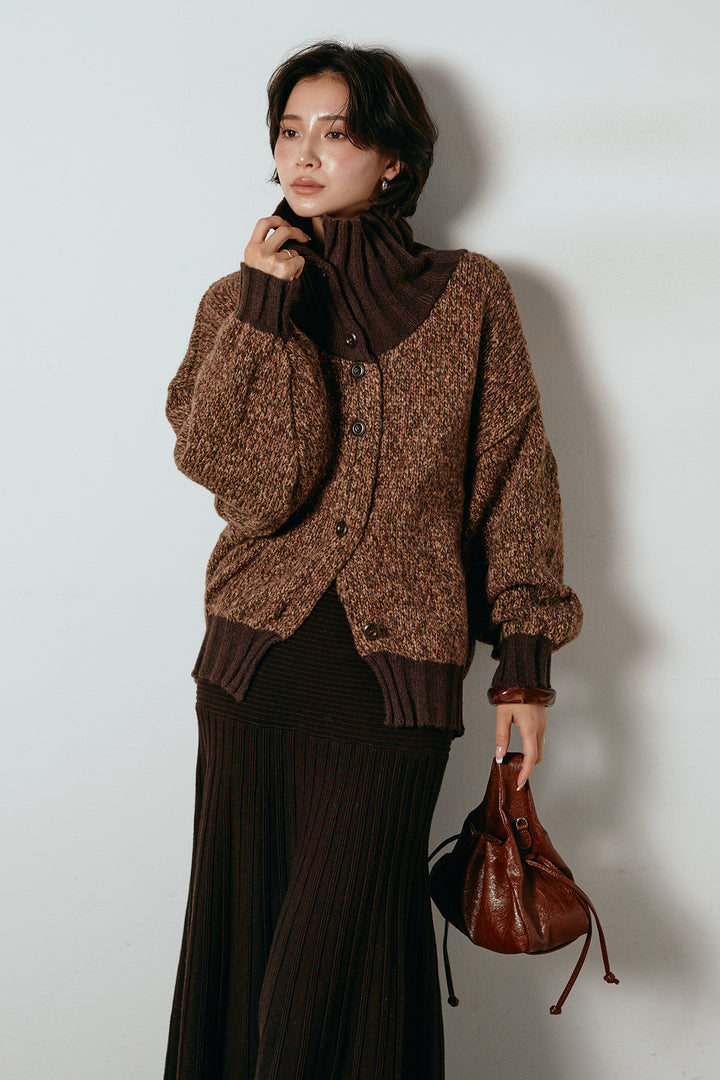 [SET]ハイネックミックスニットカーディガン+編み地切り替えフレアニットスカート(2set)