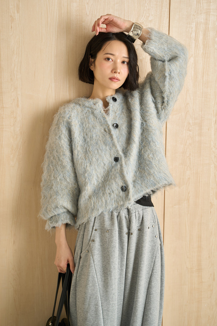 [SET]エアリーシャギークルーカーデ+スタッズ付きニーサイドタックスウェットパンツ(2set)