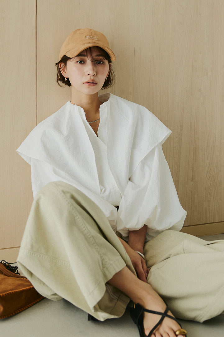 [SET]ケープカラーナイロンブラウス+サイドベルトカーブワイドパンツ(2set)