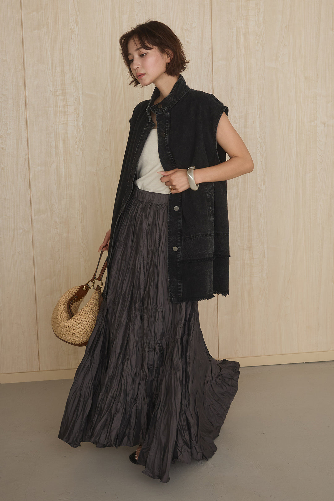 [SET]ケミカルデニムヘムカットオフジレ+イレギュラープリーツイージースカート(2set)