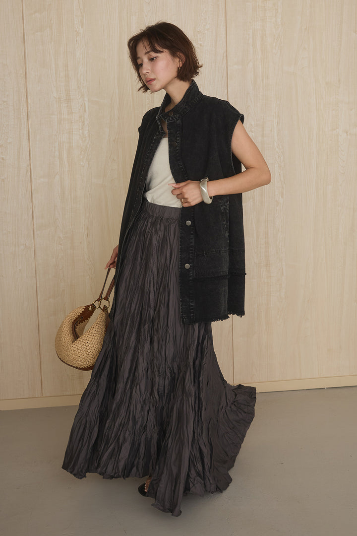 [SET]ケミカルデニムヘムカットオフジレ+イレギュラープリーツイージースカート(2set)