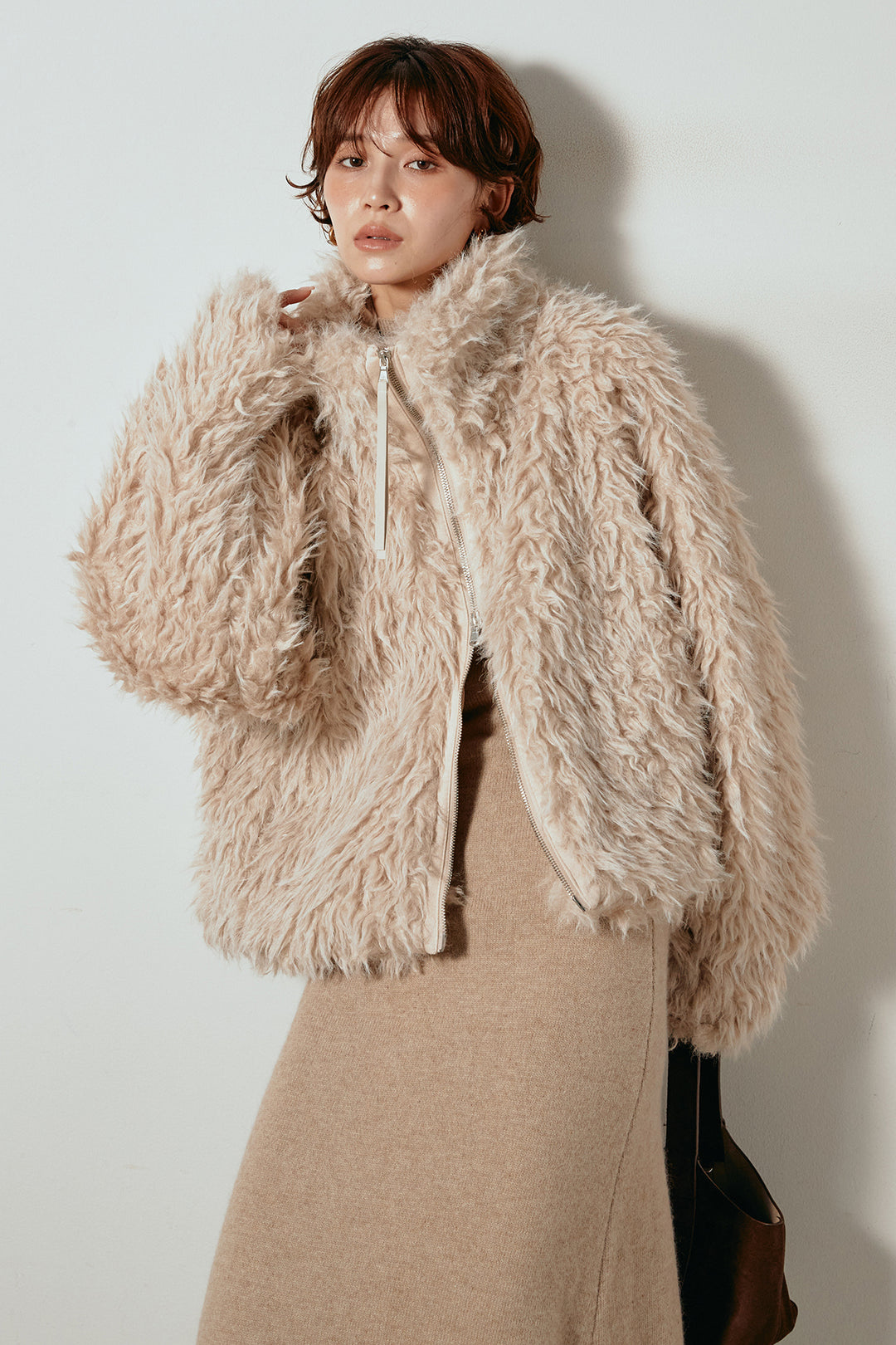 [SET]ミックスシープファースタンドブルゾン+ノースリーブニットロングワンピース(2set)