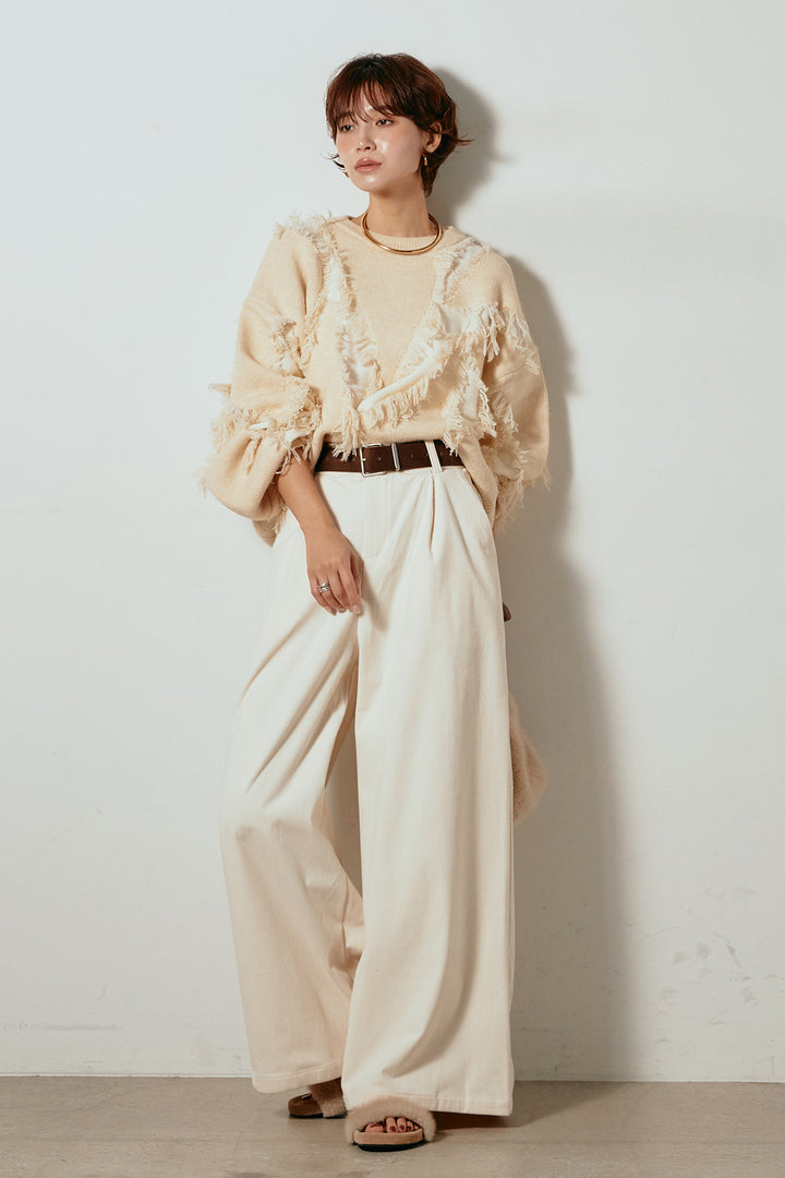 [SET]シャギージャガードニットトップス+太ベルト付きコーデュロイタックパンツ(2set)