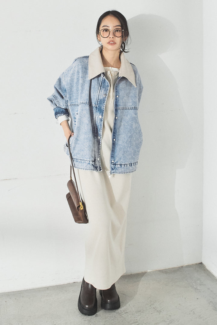 [SET]加工デニムレザー襟付きデニムブルゾン+カットリブレイヤードヘンリーネックワンピース(2set)