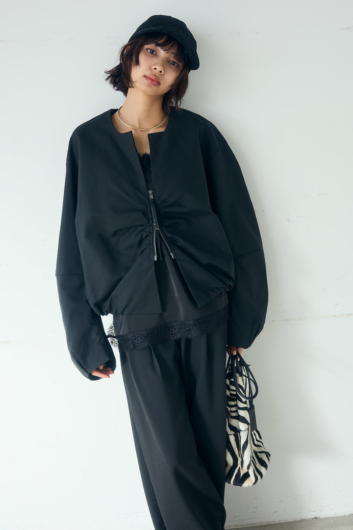 [SET]ノーカラーフロントギャザージップアウター+斜めボタンタック入りスラックス(2set)