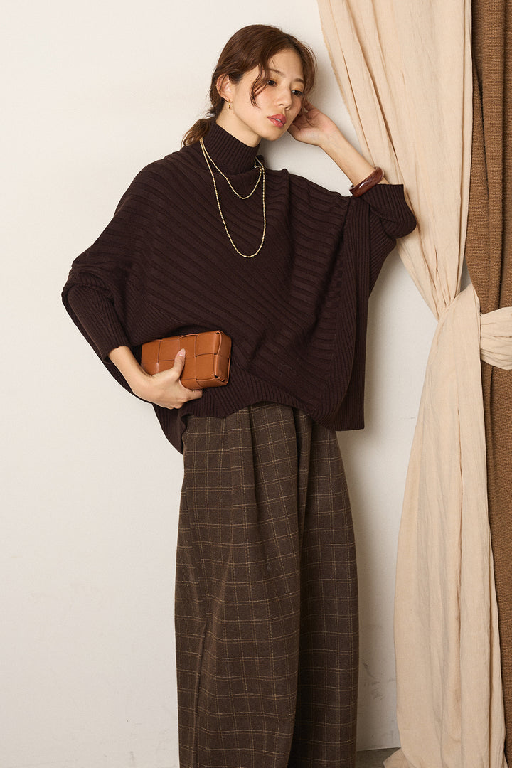 [SET]アシメデザインリブポンチョニットトップス+ウールライクチェックタックパンツ(2set)
