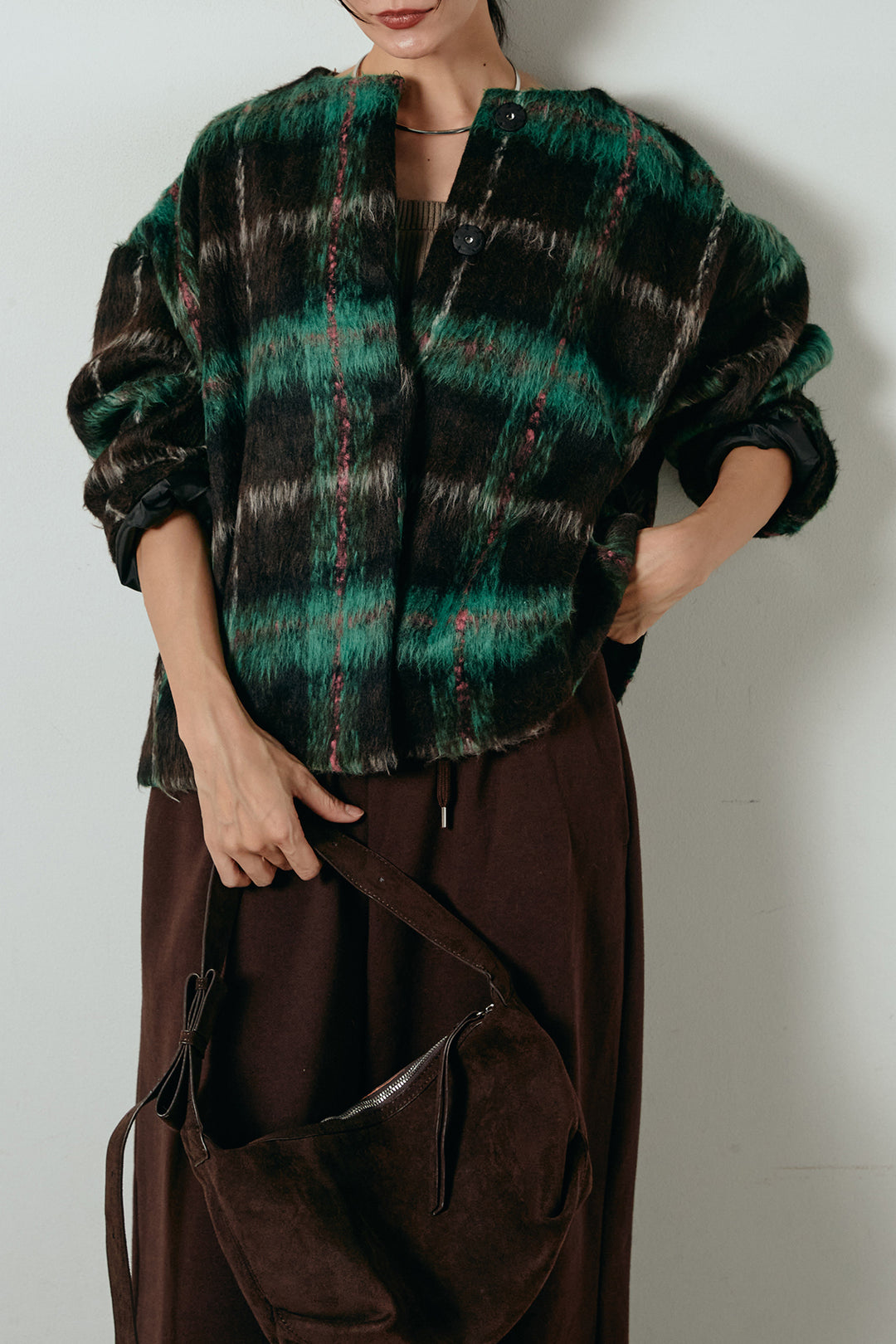 [SET]ノーカラーシャギーチェックアウター+裏起毛スウェットワイドパンツ(2set)