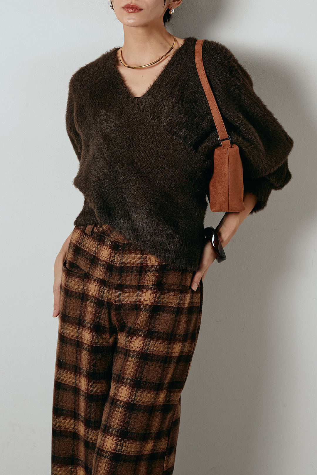 [SET]シャギーカシュクールニットトップス+ルーズタータンチェックワイドパンツ(2set)