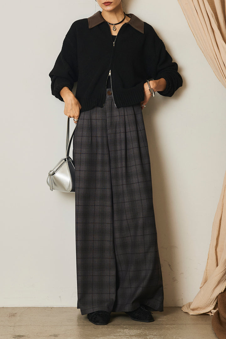 [SET]杢ストレッチフェイクレザー衿ニットブルゾン+タック入りタータンチェックワイドパンツ(2set)