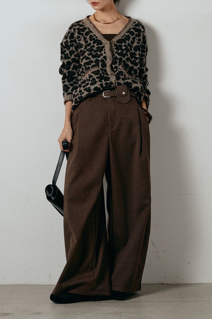 [SET]ステッチデザインレオパードニットカーディガン+ポーチベルト付きカーブパンツ(2set)