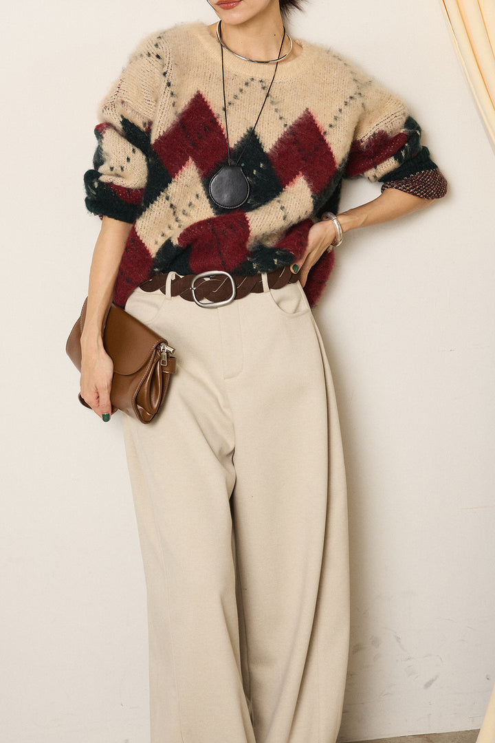 [SET]配色アーガイル柄ニットトップス+編みベルト付きワイドパンツ(2set)