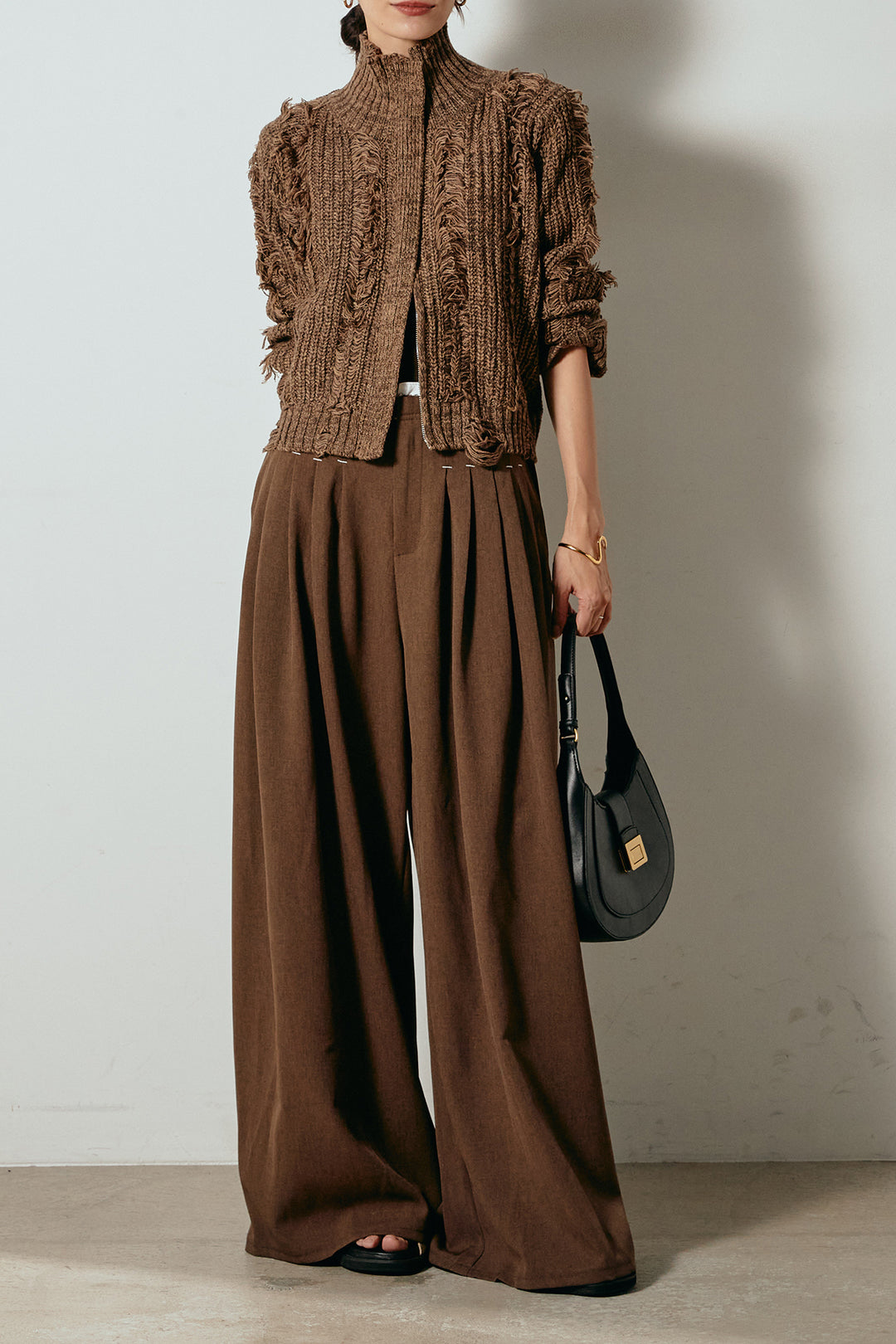 [SET]ハイネックフリンジジップニットトップス+ウエストステッチデザインワイドスラックス(2set)