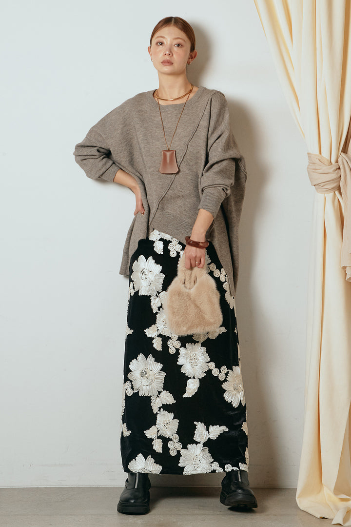 [SET]アシンメトリーデザインニットトップス+フラワー刺繍ワイドスカート(2set)