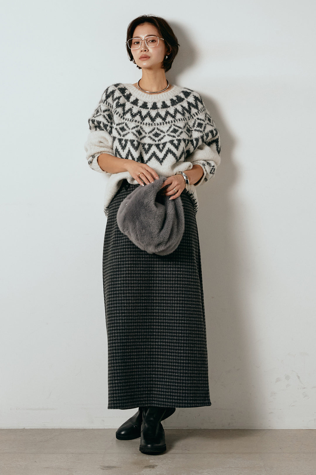 [SET]ノルディック柄Uネックプルオーバー+スエード調ベルト付きチェックナロースカート(2set)