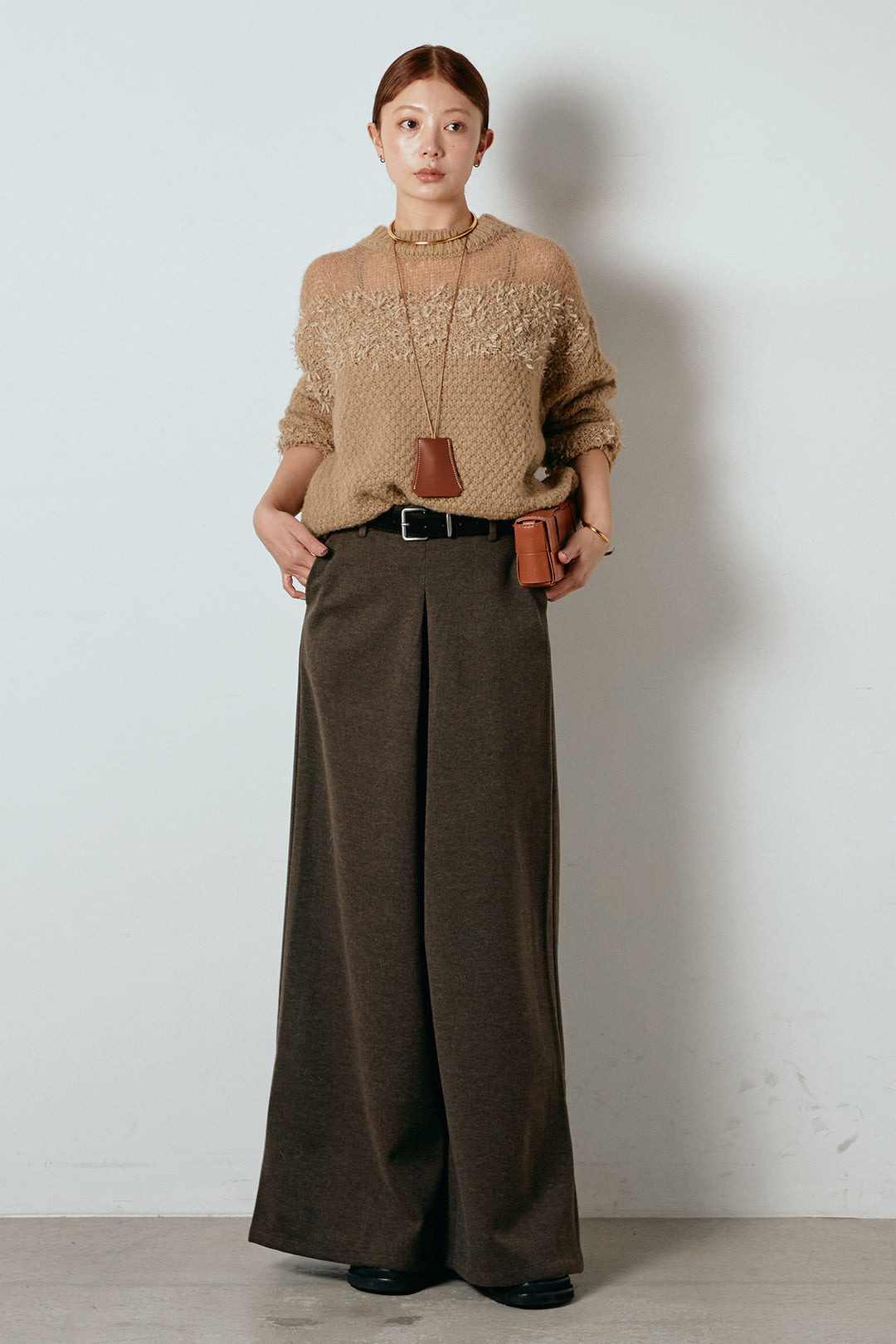 [SET]パターンランダム編みニットトップス+ベルト付きフロントタックデザインパンツ(2set)