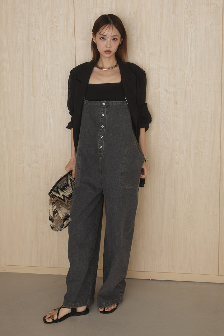 [SET]メッシュテーラードワイドジャケット+フロントボタンデニムサロペット(2set)