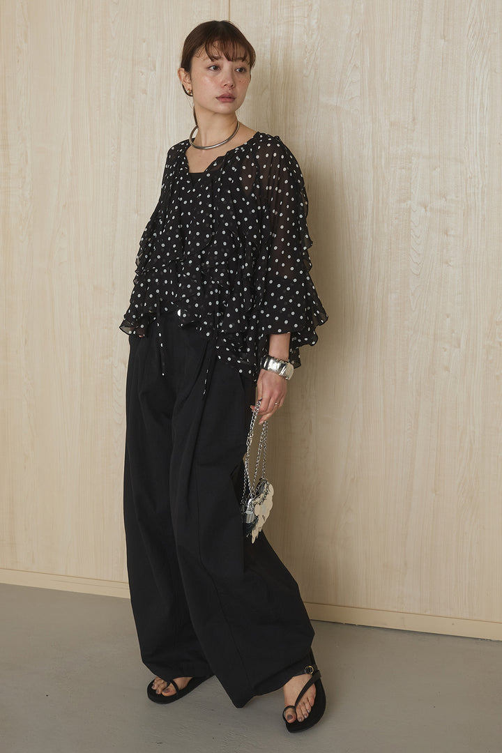 [SET]ドットフリル長袖ブラウス+コットンポリツータックセンターシームカーブパンツ(2set)