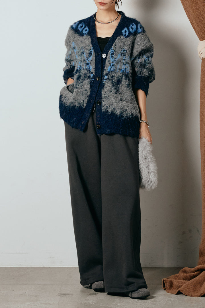 [SET]シャギーニュアンス柄ニットカーディガン+裏起毛スウェットワイドパンツ(2set)